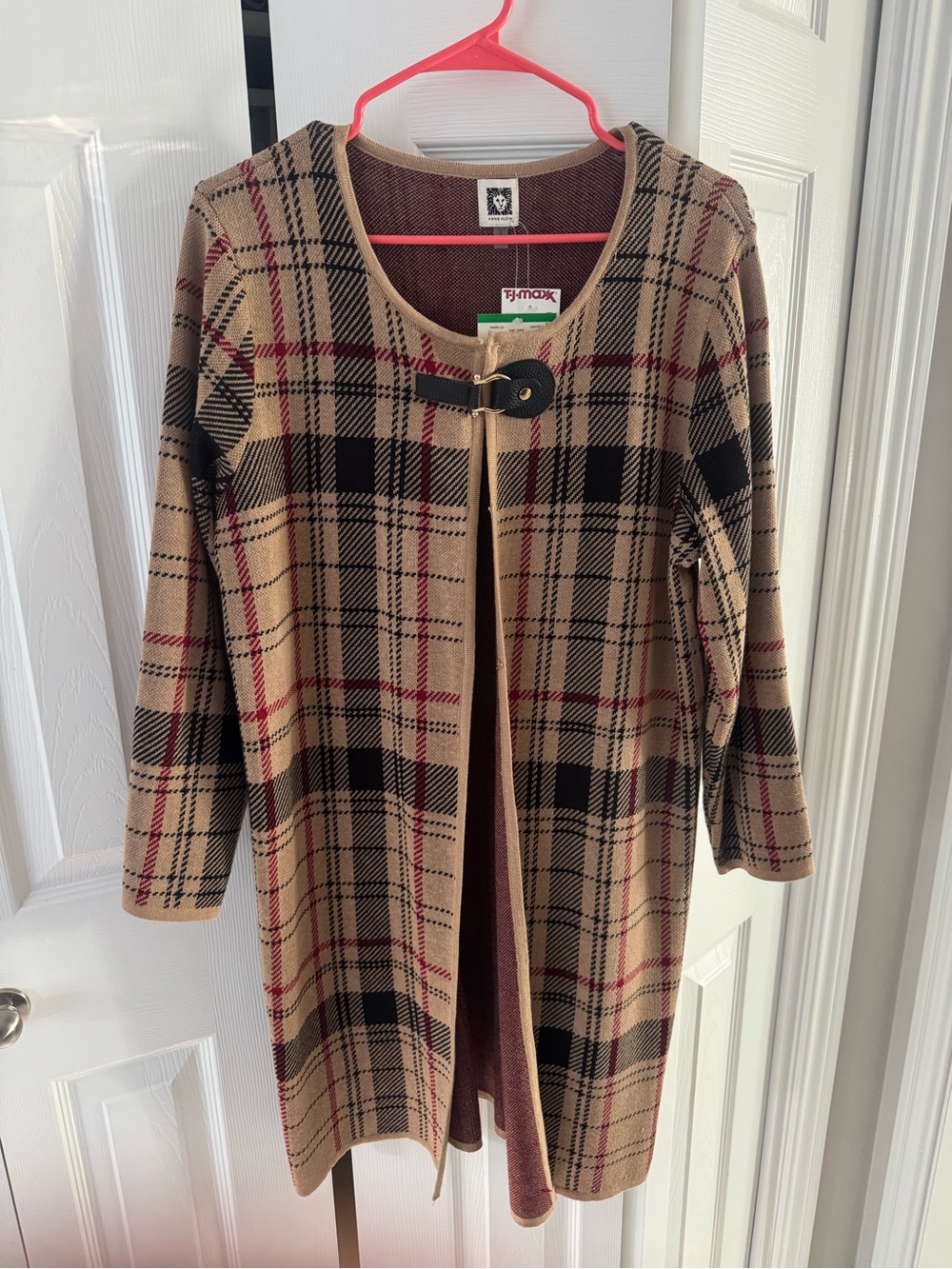 Anne Klein Tan Plaid Open-Front Coatigan with Black & Red Accents